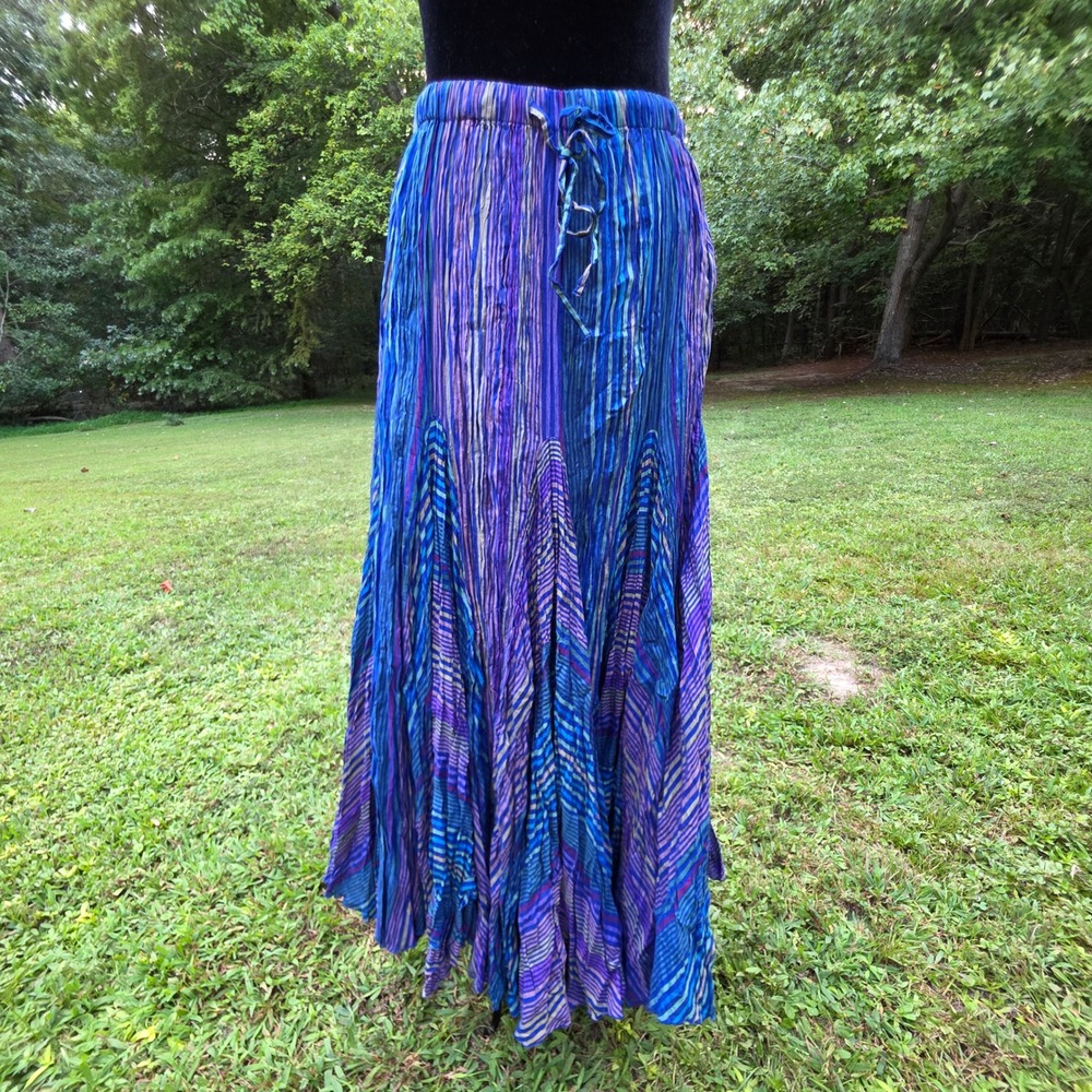 VTG 12W Royal Blue Purple Striped Cotton Broomstick Maxi Skirt Boho Hippie